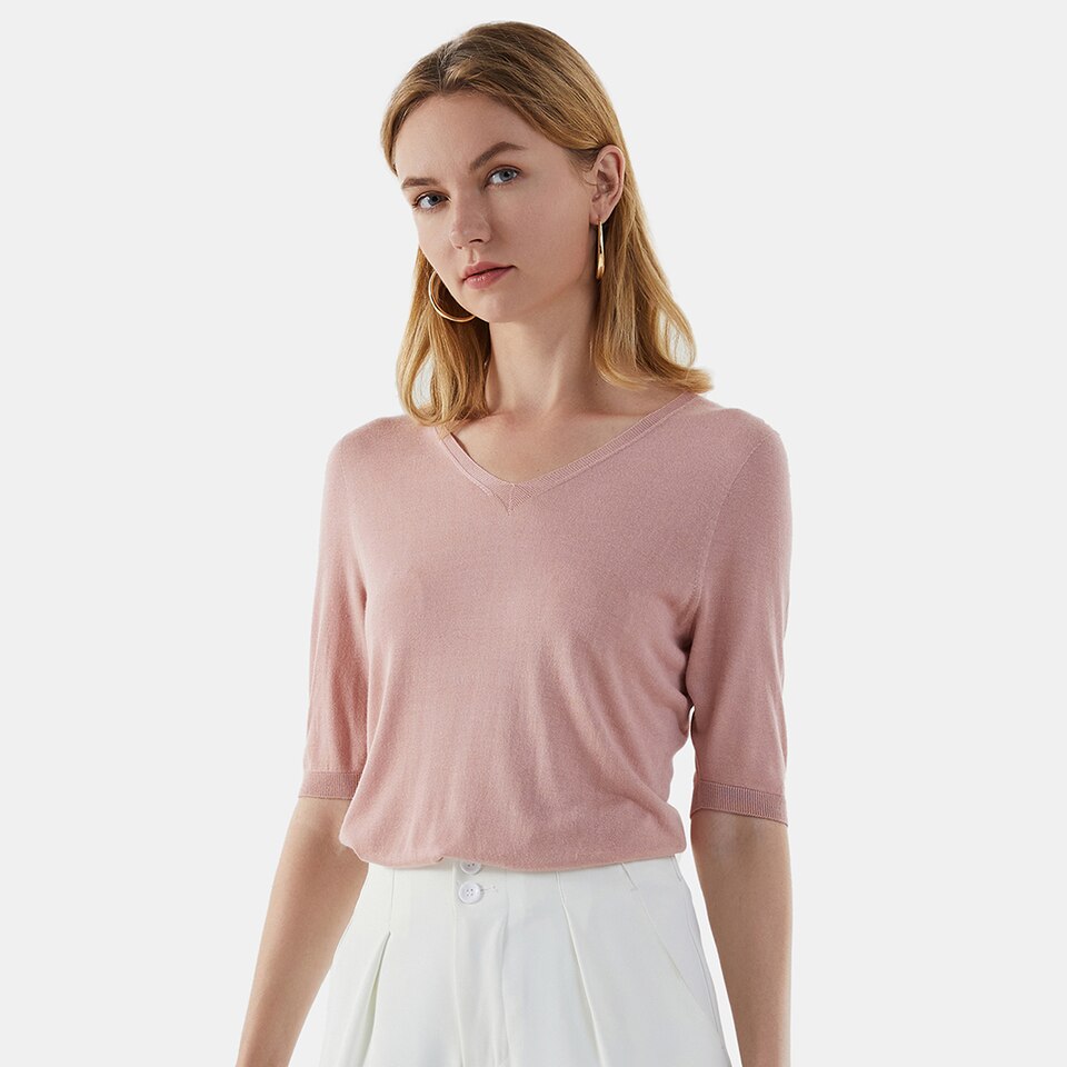 Paisley V-neck Top in Ash Rose | Women's Comfy Knitwears Made from Recycled Materials | VIVAIA