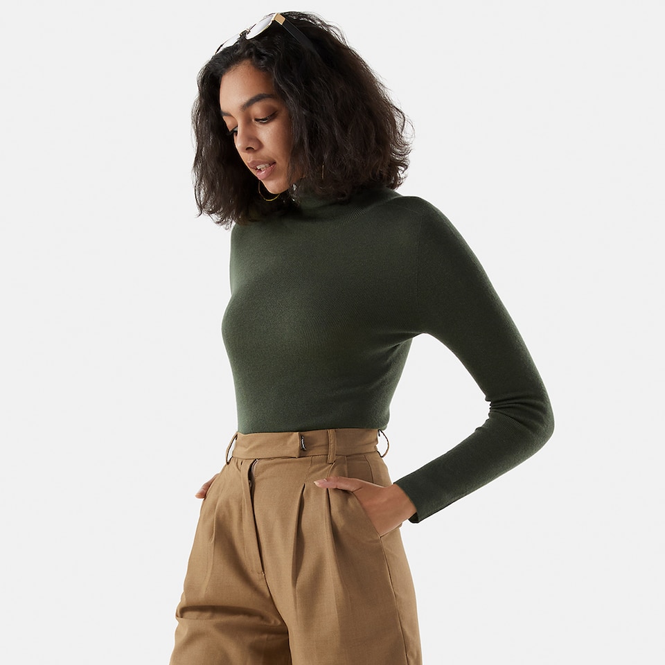 Elora Cashmere Roll Neck Top in Grey Green | Women's Organic Recycled Comfy Knitwears | VIVAIA