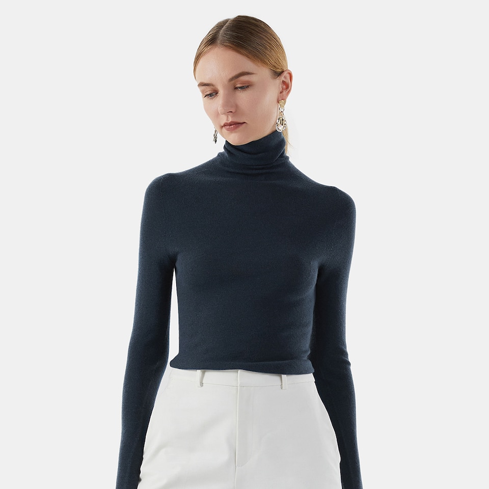 Elora Cashmere Roll Neck Top in Estate Blue | Women's Organic Recycled Comfy Knitwears | VIVAIA