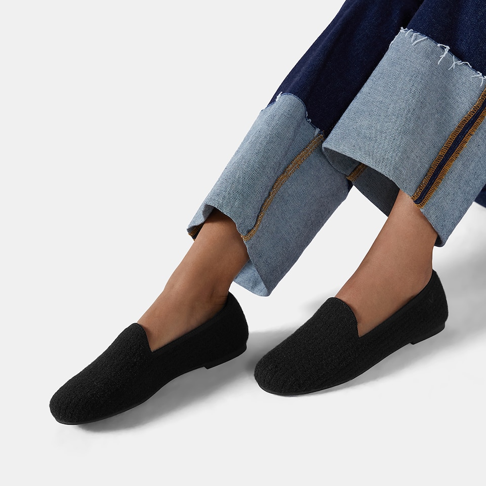 Kimberley Round-toe Eco Fluffy Yarn Loafers in Solid Black | Women's Sustainable, Washable and Stylish Shoes | VIVAIA
