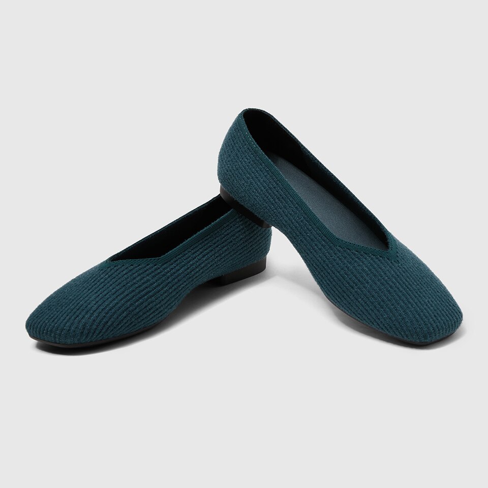 Margot Eco Fluffy Yarn Square Toe Flats in Deep Peacock | Women's Sustainable, Washable and Stylish Shoes | VIVAIA