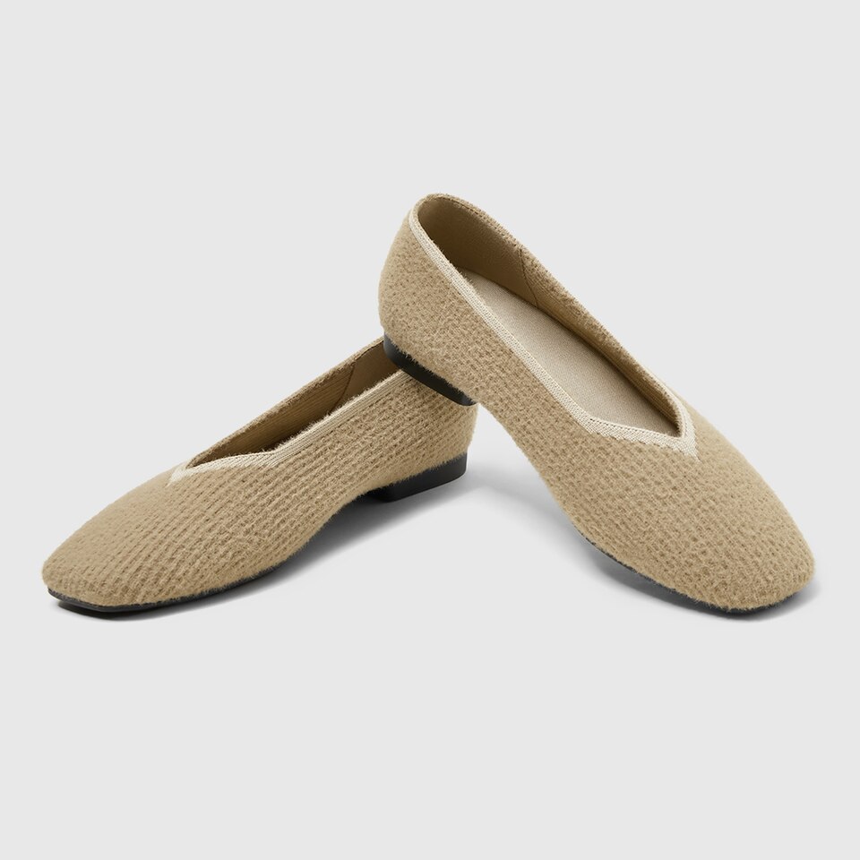 Margot Eco Fluffy Yarn Square Toe Flats in Peanut Brown | Women's Sustainable, Washable and Stylish Shoes | VIVAIA