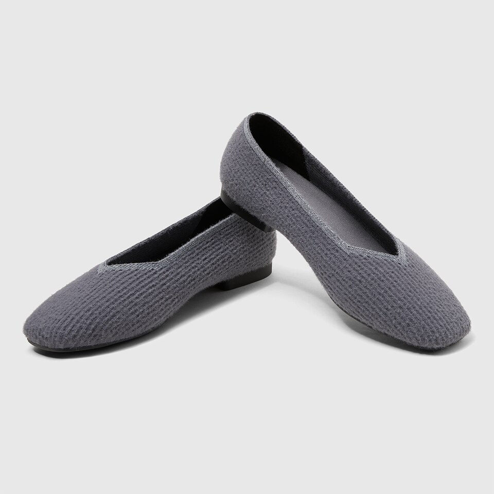 Margot Eco Fluffy Yarn Square Toe Flats in Rich Grey | Women's Sustainable, Washable and Stylish Shoes | VIVAIA