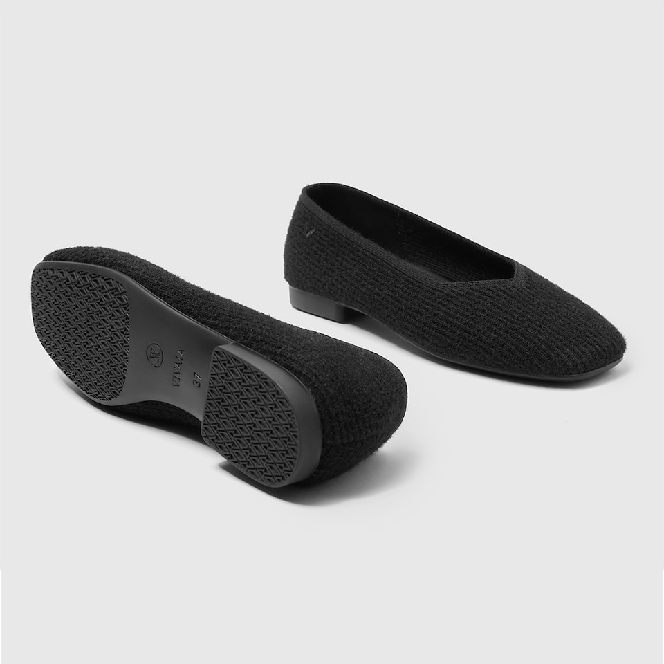 Margot Eco Fluffy Yarn Square Toe Flats in Solid Black | Women's Sustainable, Washable and Stylish Shoes | VIVAIA