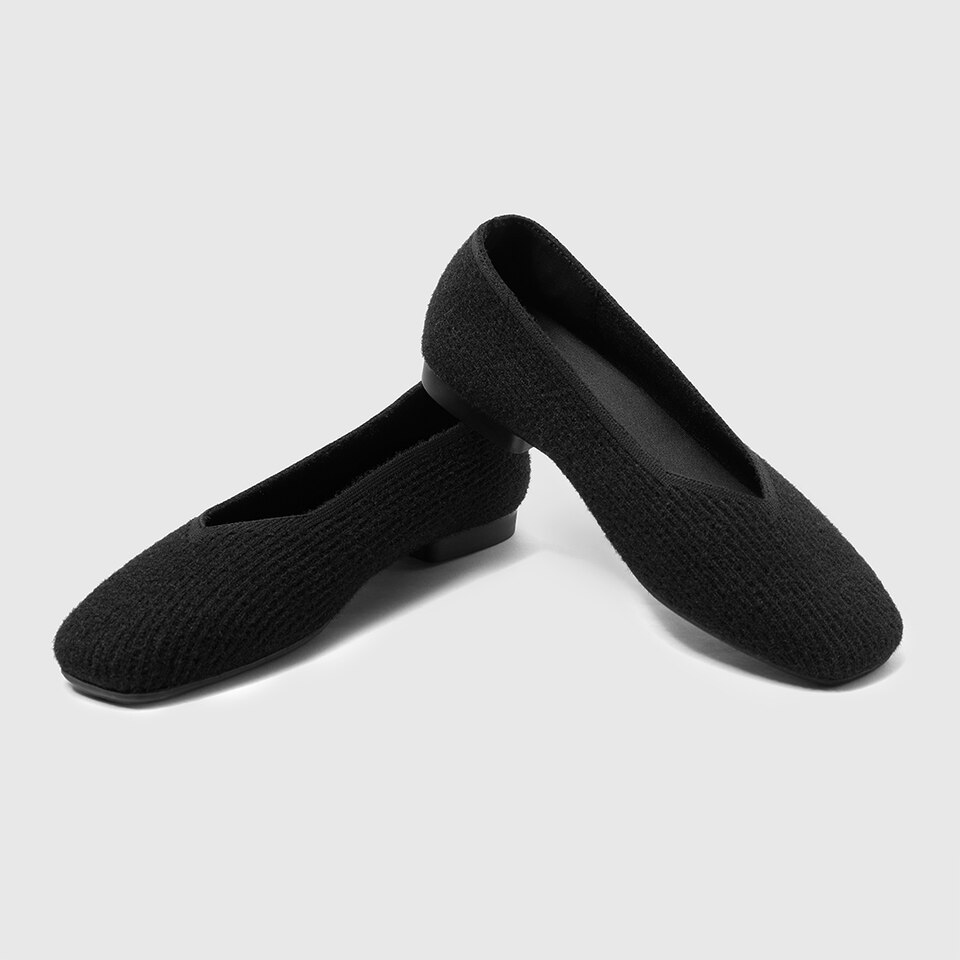Margot Eco Fluffy Yarn Square Toe Flats in Solid Black | Women's Sustainable, Washable and Stylish Shoes | VIVAIA