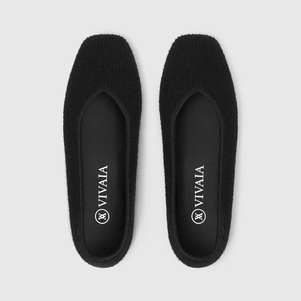 Margot Eco Fluffy Yarn Square Toe Flats in Solid Black | Women's Sustainable, Washable and Stylish Shoes | VIVAIA