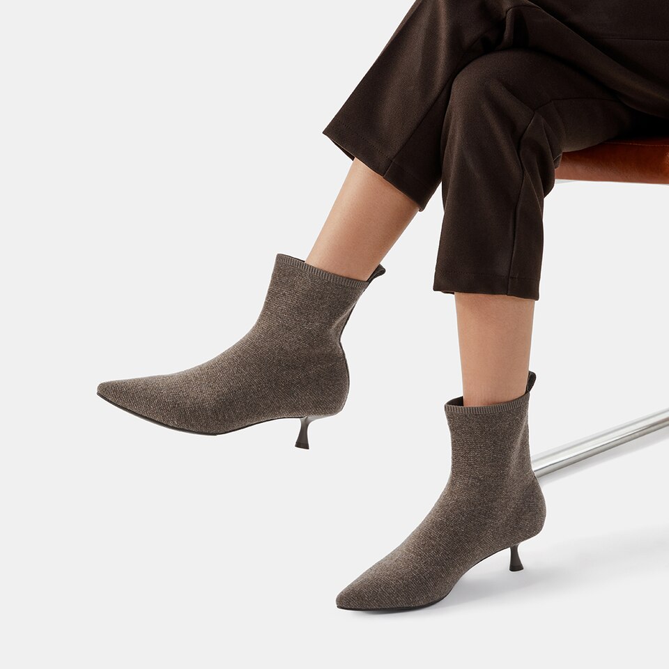 Naomi Wool Pointy Kitten Heel Boots in Coffee Grey | Women's Sustainable and Stylish Shoes | VIVAIA