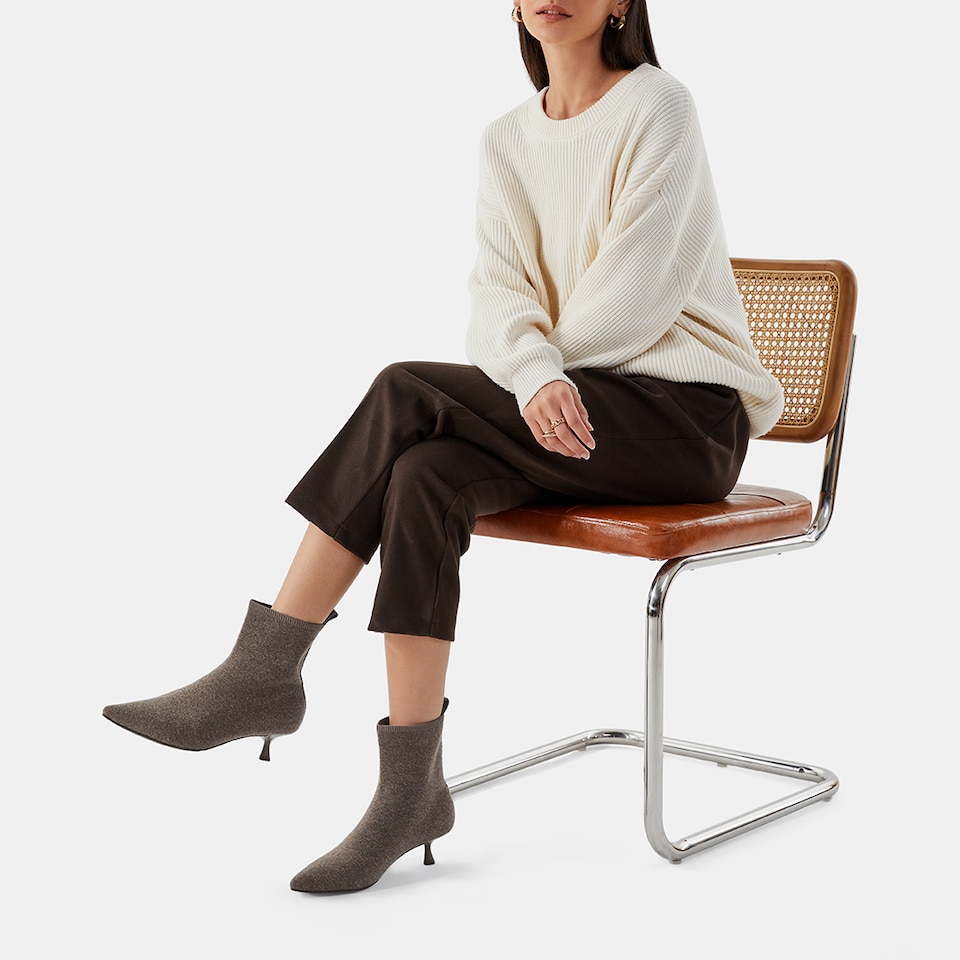 Naomi Wool Pointy Kitten Heel Boots in Coffee Grey | Women's Sustainable and Stylish Shoes | VIVAIA