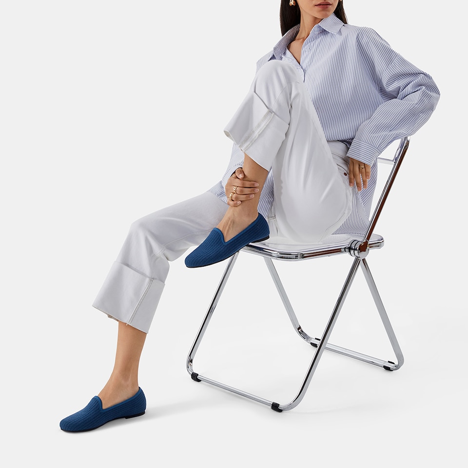 Kimberley Eco Fluffy Yarn Round Toe Loafers in Deep Denim | Women's Sustainable, Washable and Stylish Shoes | VIVAIA