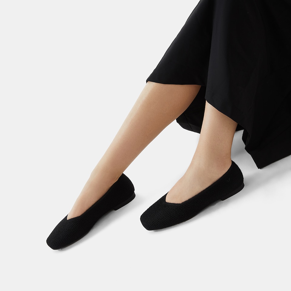 Margot Eco Fluffy Yarn Square Toe Flats in Solid Black | Women's Sustainable, Washable and Stylish Shoes | VIVAIA
