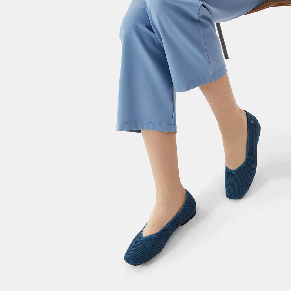 Margot Eco Fluffy Yarn Square Toe Flats in Deep Denim | Women's Sustainable, Washable and Stylish Shoes | VIVAIA