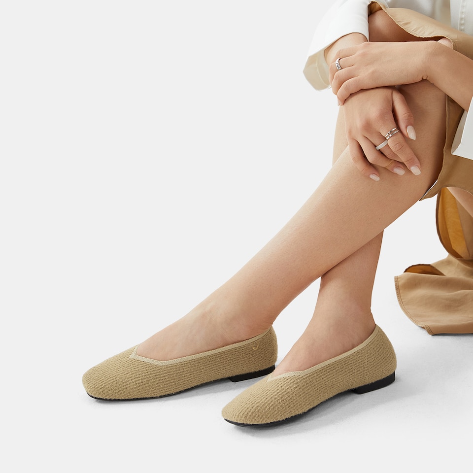 Margot Eco Fluffy Yarn Square Toe Flats in Peanut Brown | Women's Sustainable, Washable and Stylish Shoes | VIVAIA