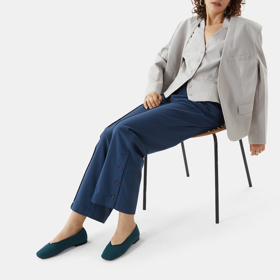 Margot Eco Fluffy Yarn Square Toe Flats in Deep Peacock | Women's Sustainable, Washable and Stylish Shoes | VIVAIA