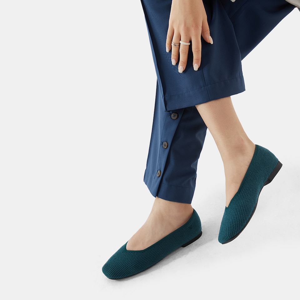 Margot Eco Fluffy Yarn Square Toe Flats in Deep Peacock | Women's Sustainable, Washable and Stylish Shoes | VIVAIA