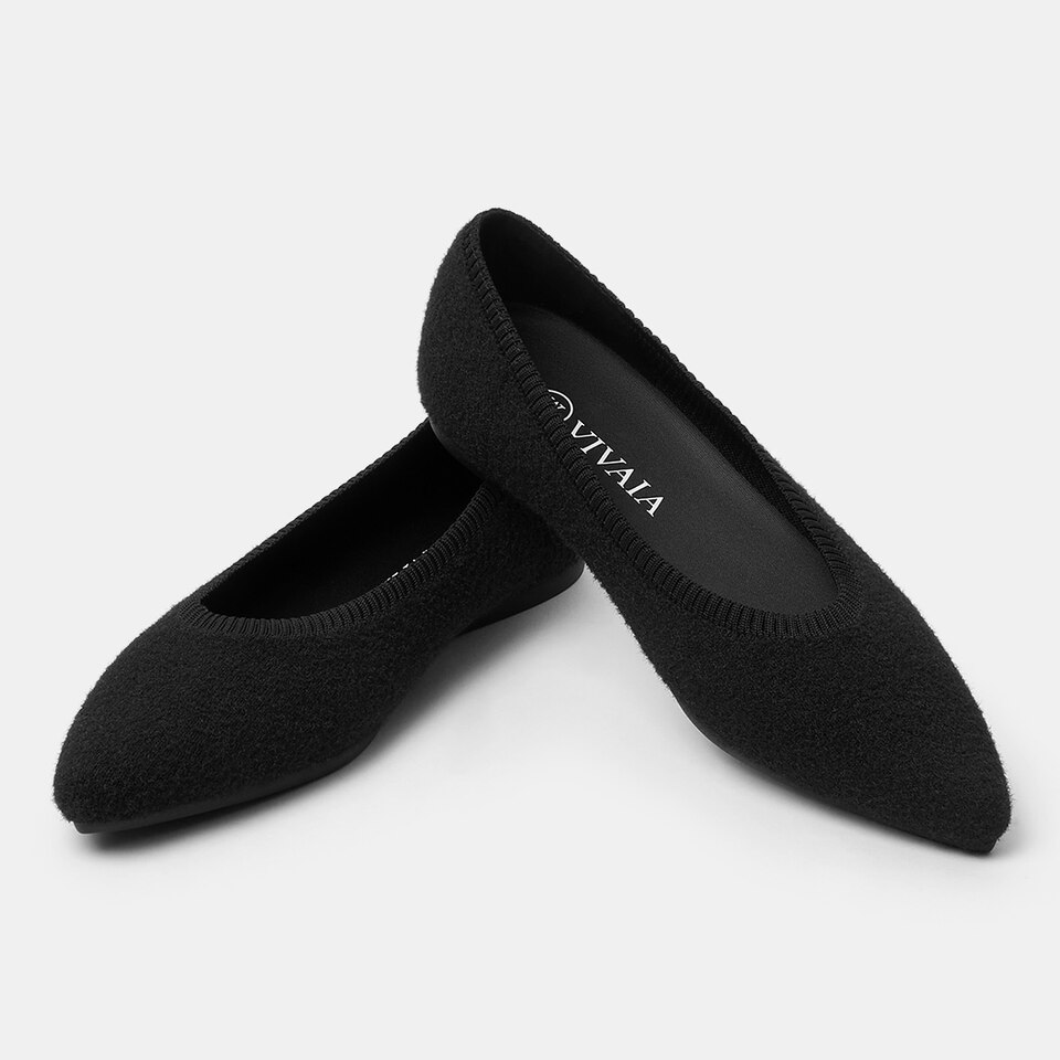 Aria Pointy Eco Fluffy Yarn Flats in Black | Women's Sustainable,Washable and Stylish Shoes | VIVAIA
