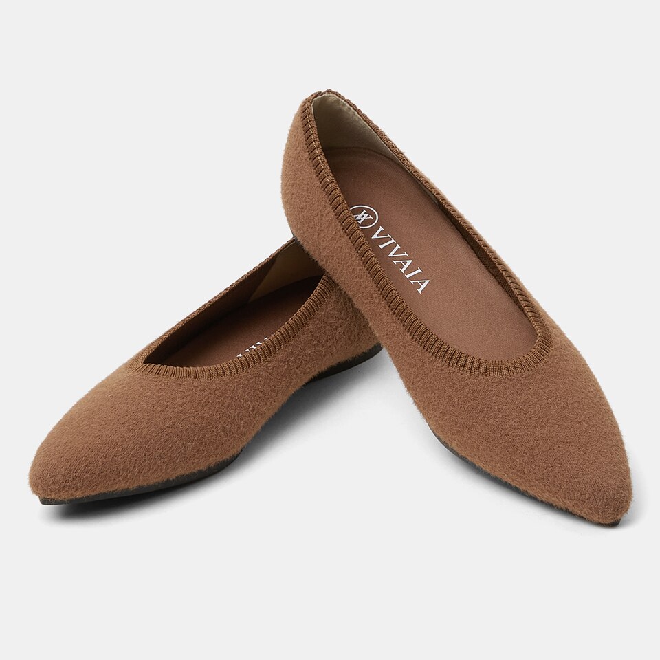 Aria Pointed Wool Flats For Women in Nature Brown | VIVAIA