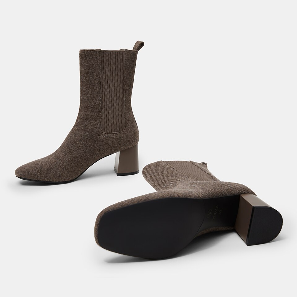 Gemma Square-toe Block Heel Wool Boots in Deep Khaki | Women's Sustainable and Stylish Shoes | VIVAIA