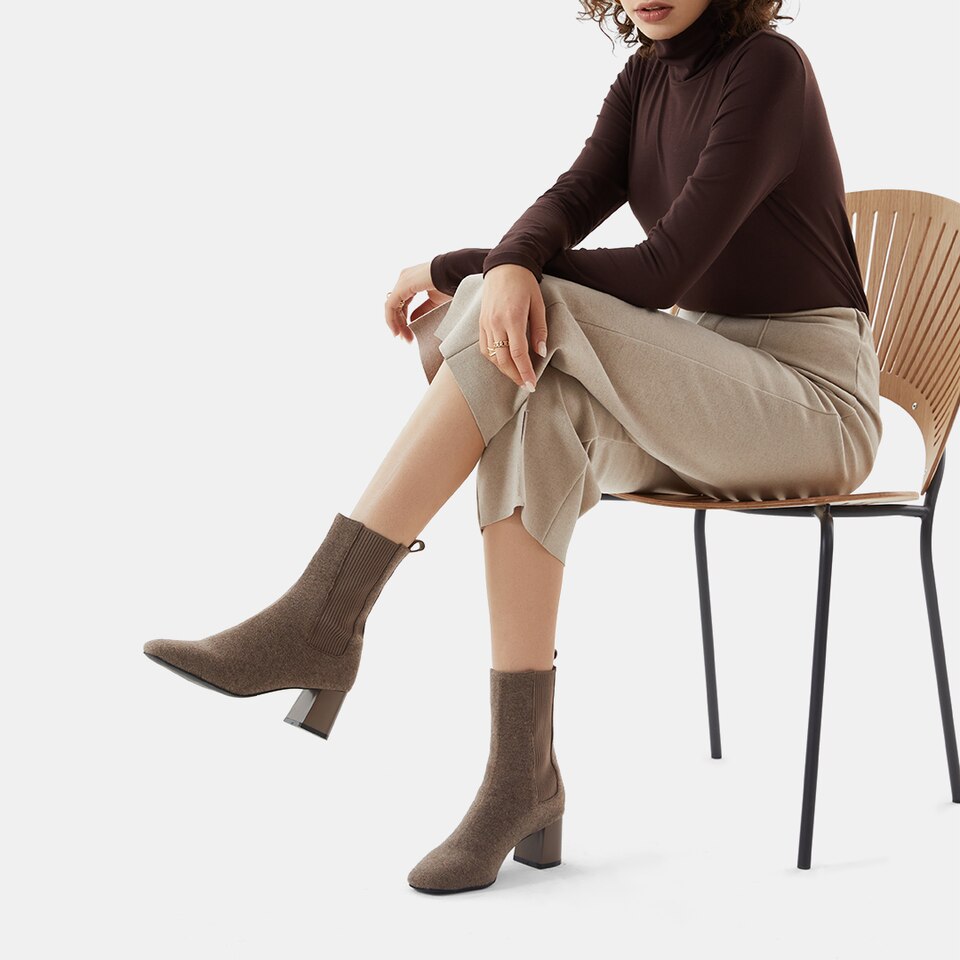 Gemma Square-toe Block Heel Wool Boots in Deep Khaki | Women's Sustainable and Stylish Shoes | VIVAIA