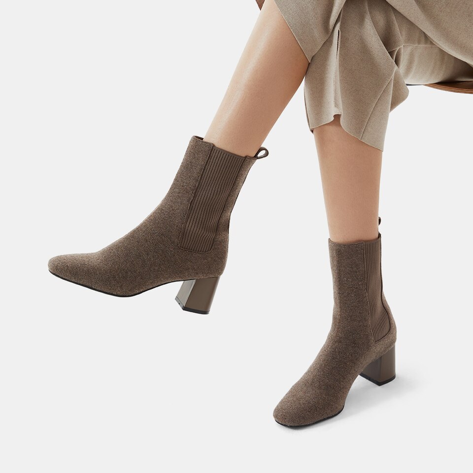 Gemma Square-toe Block Heel Wool Boots in Deep Khaki | Women's Sustainable and Stylish Shoes | VIVAIA