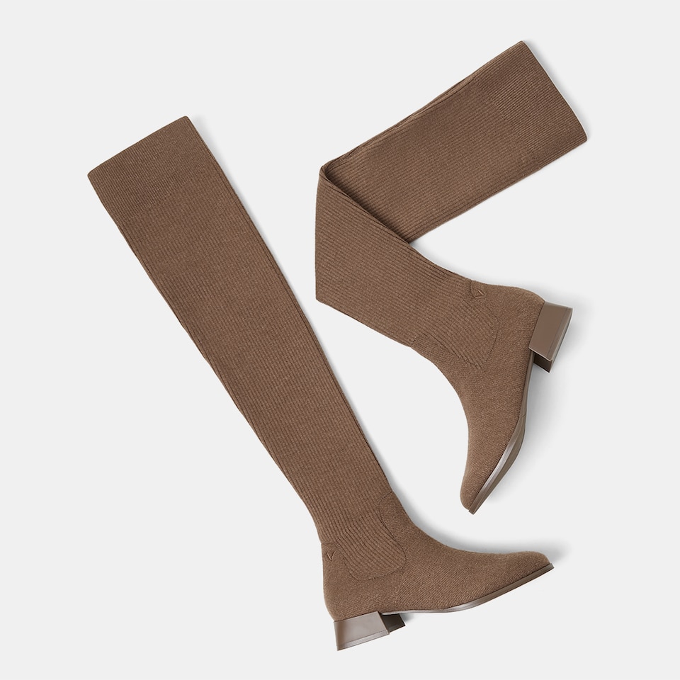 Madeline Round-toe Wool Over-knee Boots in Tan Russet | Women's Sustainable and Stylish Shoes | VIVAIA