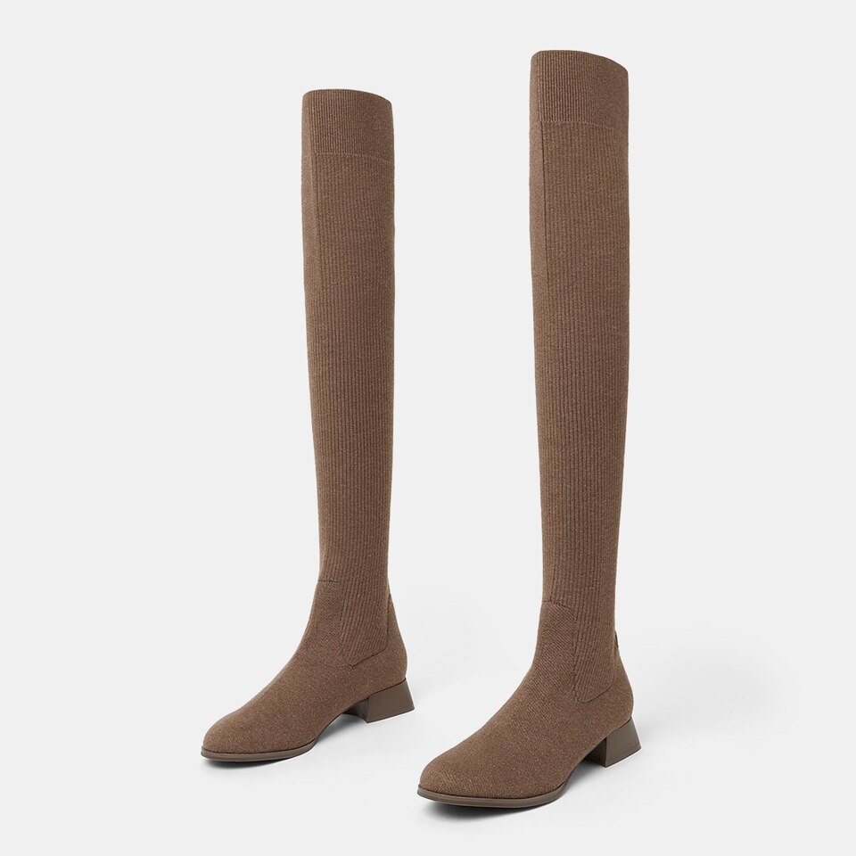Madeline Round-toe Wool Over-knee Boots in Tan Russet | Women's Sustainable and Stylish Shoes | VIVAIA