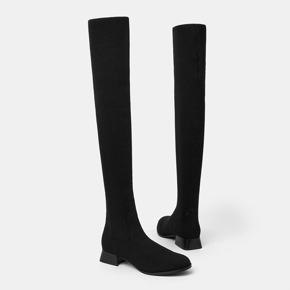 Madeline Round-toe Wool Over-knee Boots in Solid Black | Women's Sustainable and Stylish Shoes | VIVAIA