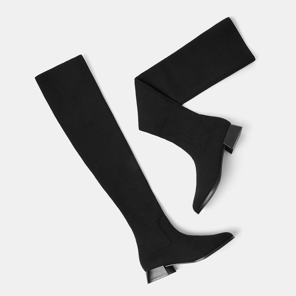 Madeline Round-toe Wool Over-knee Boots in Solid Black | Women's Sustainable and Stylish Shoes | VIVAIA