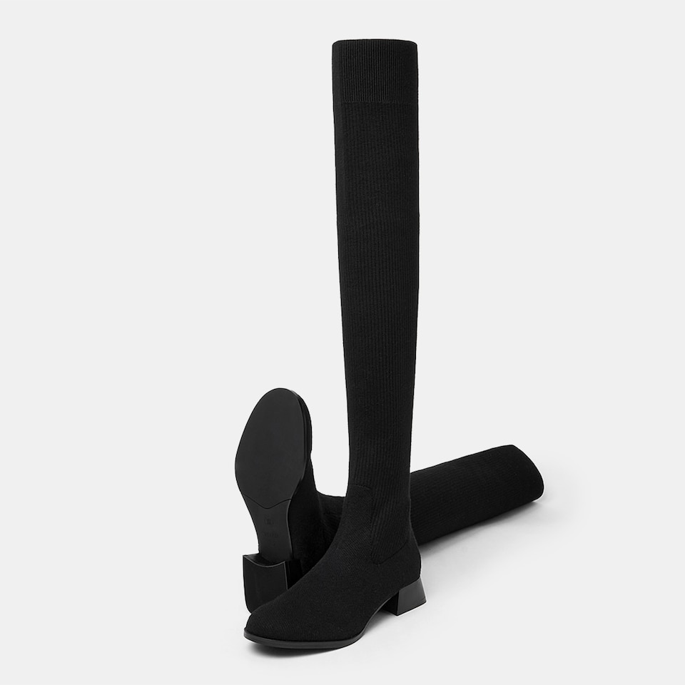 Madeline Round-toe Wool Over-knee Boots in Solid Black | Women's Sustainable and Stylish Shoes | VIVAIA