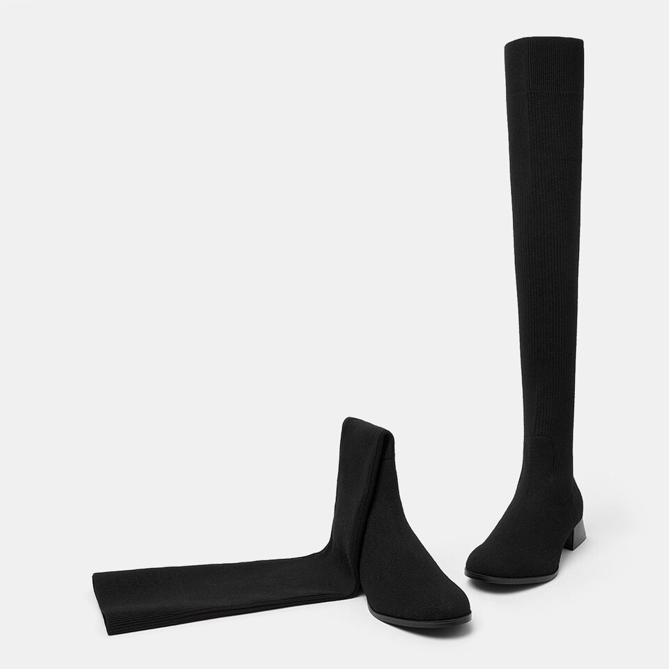 Madeline Round-toe Wool Over-knee Boots in Solid Black | Women's Sustainable and Stylish Shoes | VIVAIA