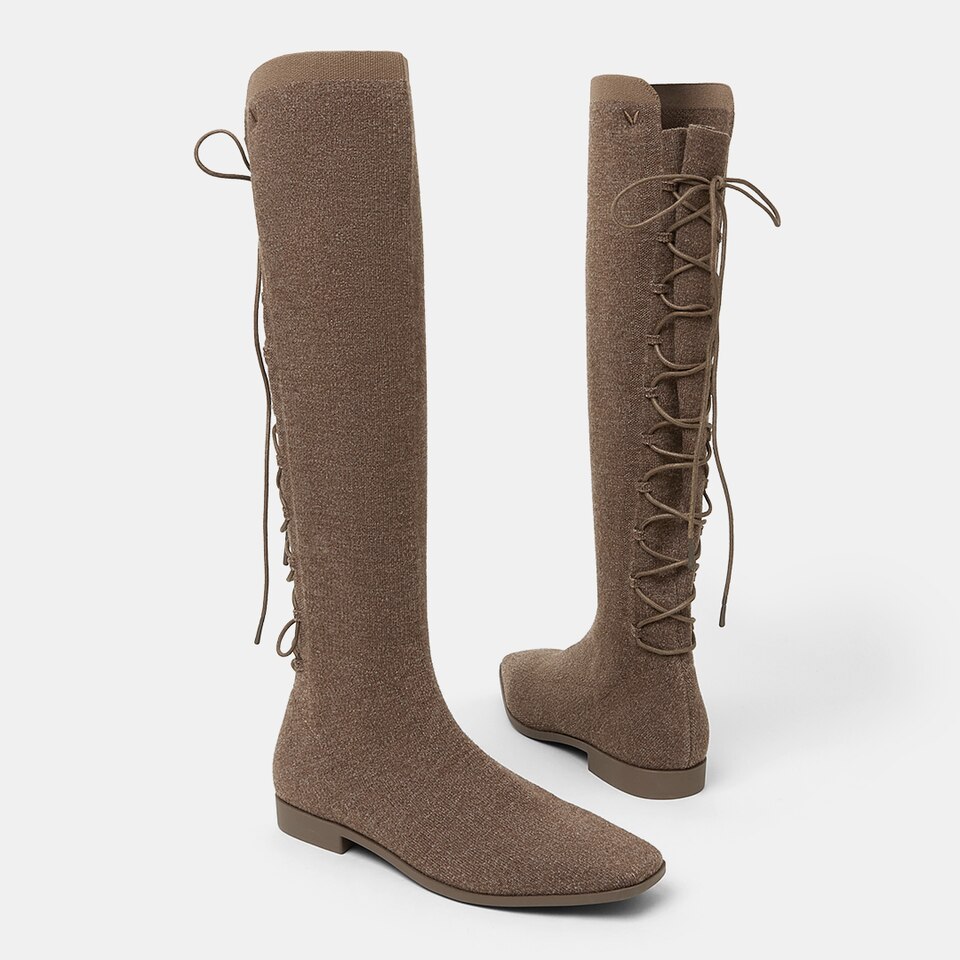 Pandora Square-toe Wool Riding Boots in Tan Russet | Women's Sustainable and Stylish Shoes | VIVAIA