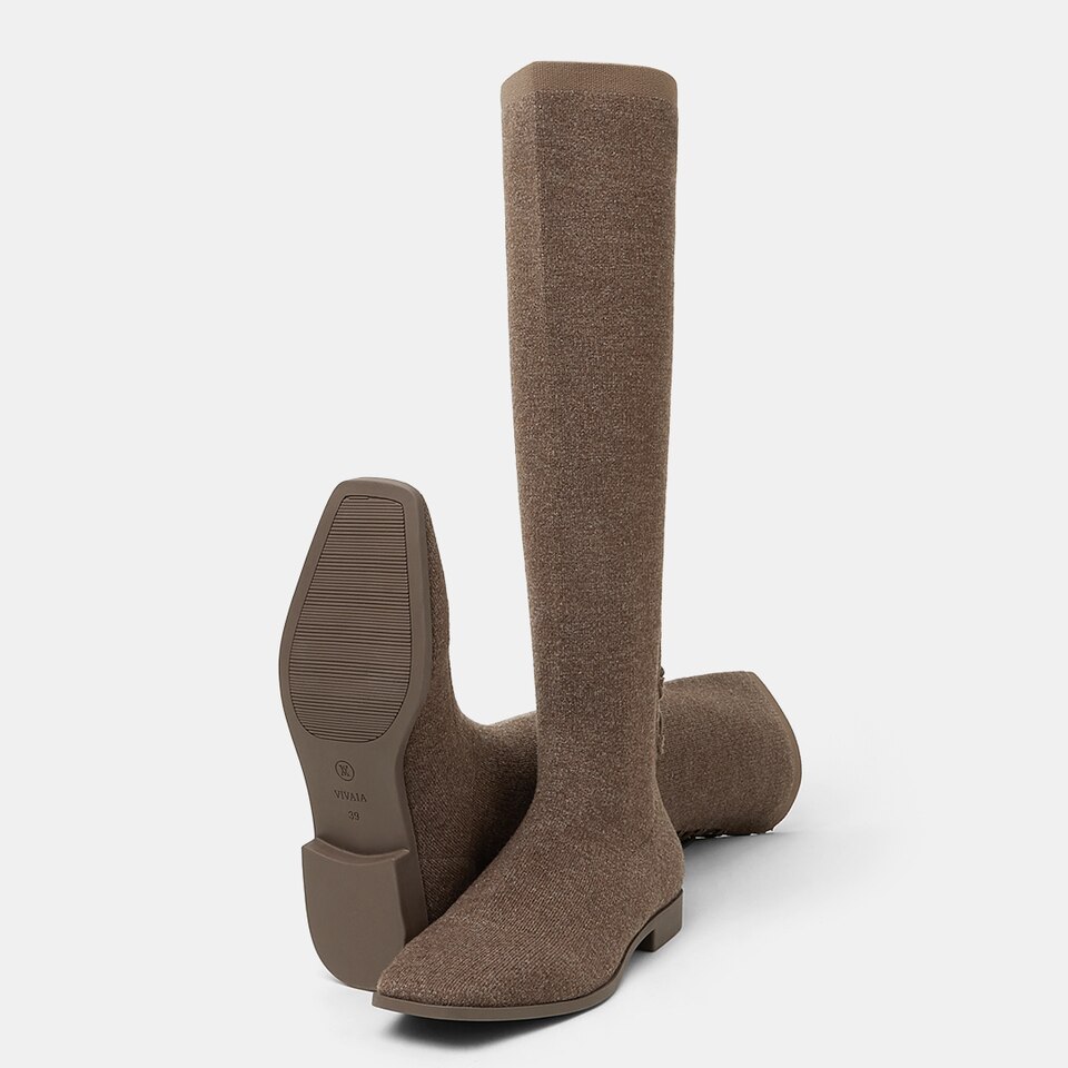 Pandora Square-toe Wool Riding Boots in Tan Russet | Women's Sustainable and Stylish Shoes | VIVAIA
