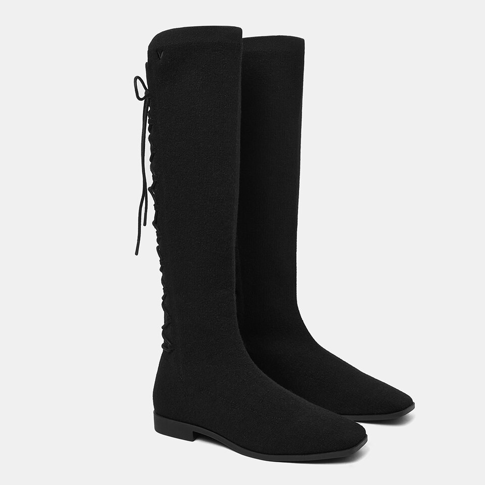 Pandora Square-toe Wool Riding Boots in Black | Women's Sustainable and Stylish Shoes | VIVAIA