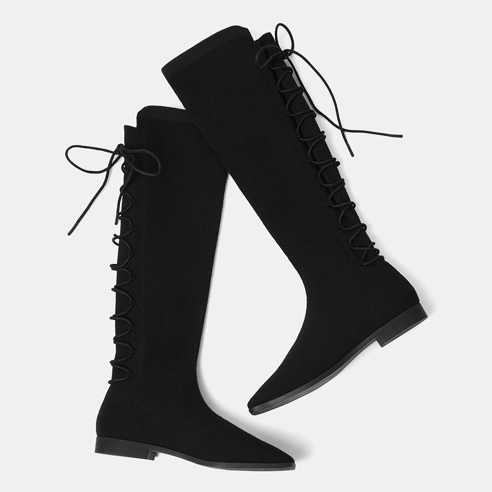 Pandora Square-toe Wool Riding Boots in Black | Women's Sustainable and Stylish Shoes | VIVAIA