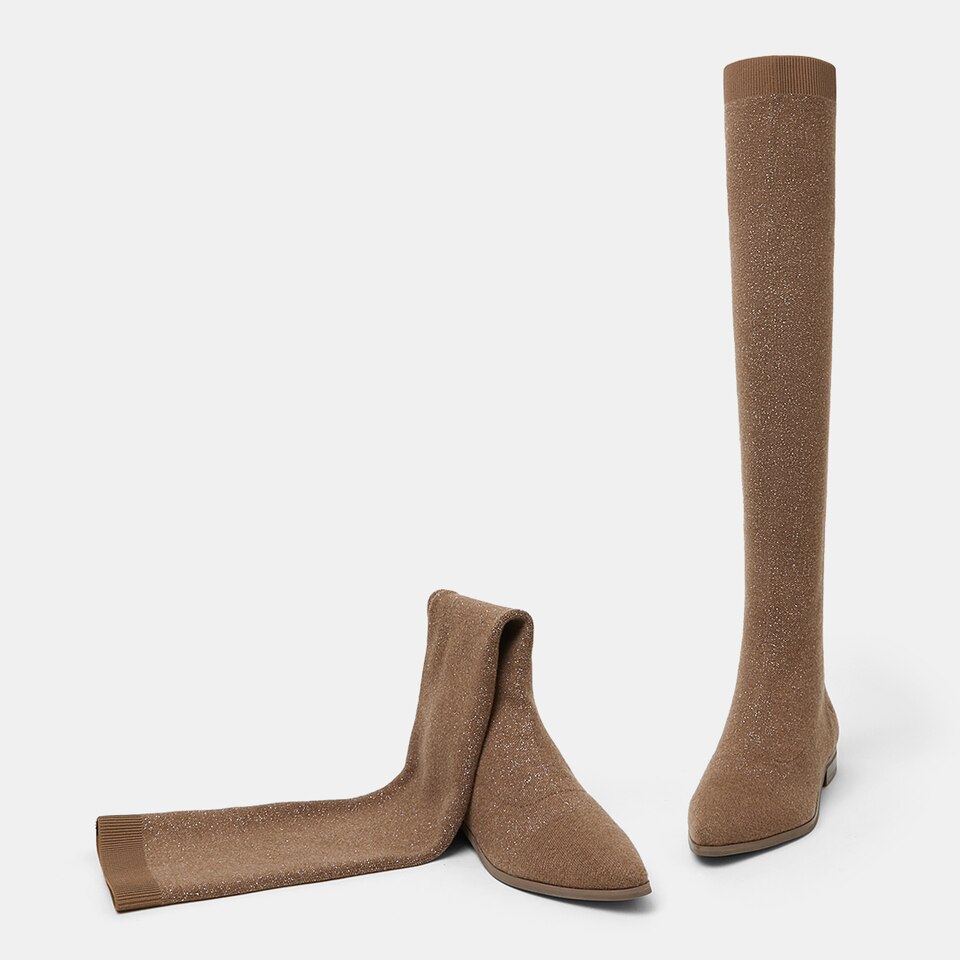 Michaelia Pointy Wool Over-knee Boots in Peanut Brown | Women's Sustainable and Stylish Shoes | VIVAIA