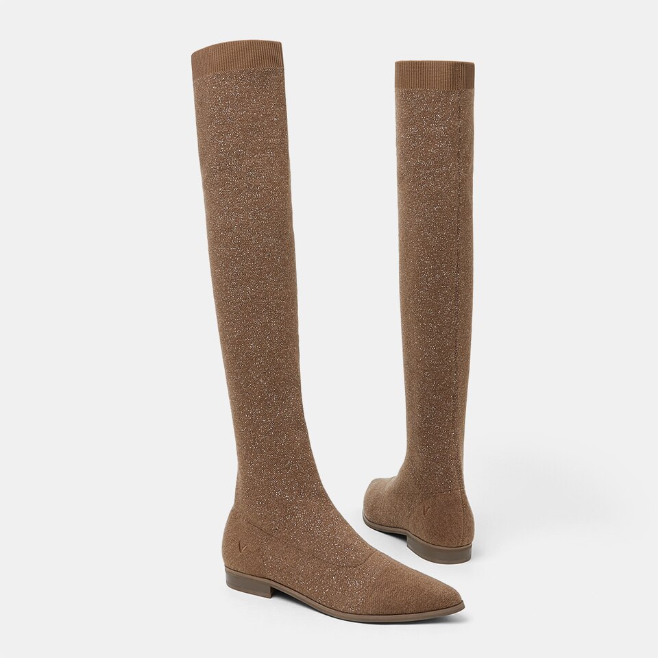 Michaelia Pointy Wool Over-knee Boots in Peanut Brown | Women's Sustainable and Stylish Shoes | VIVAIA