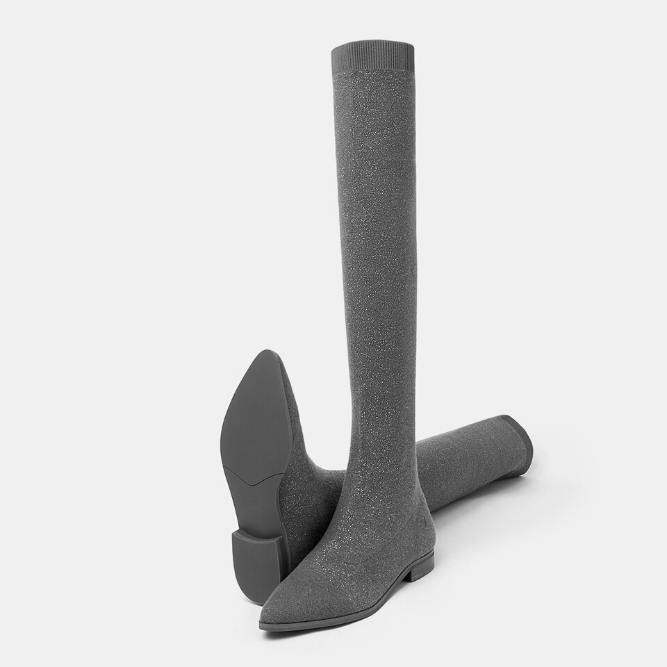 Michaelia Pointy Wool Over-knee Boots in Pale Grey | Women's Shoes | VIVAIA