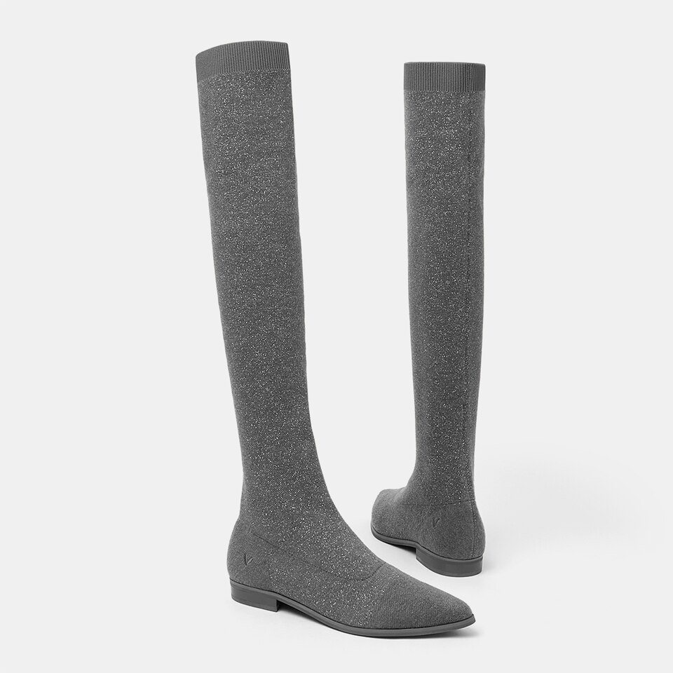 Michaelia Pointy Wool Over-knee Boots in Pale Grey | Women's Shoes | VIVAIA
