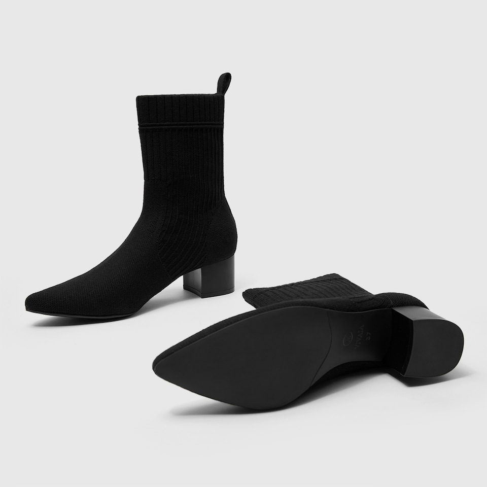 Yedda Pointy Block Heel Wool Boots in Striped Black | Women's Sustainable and Stylish Shoes | VIVAIA