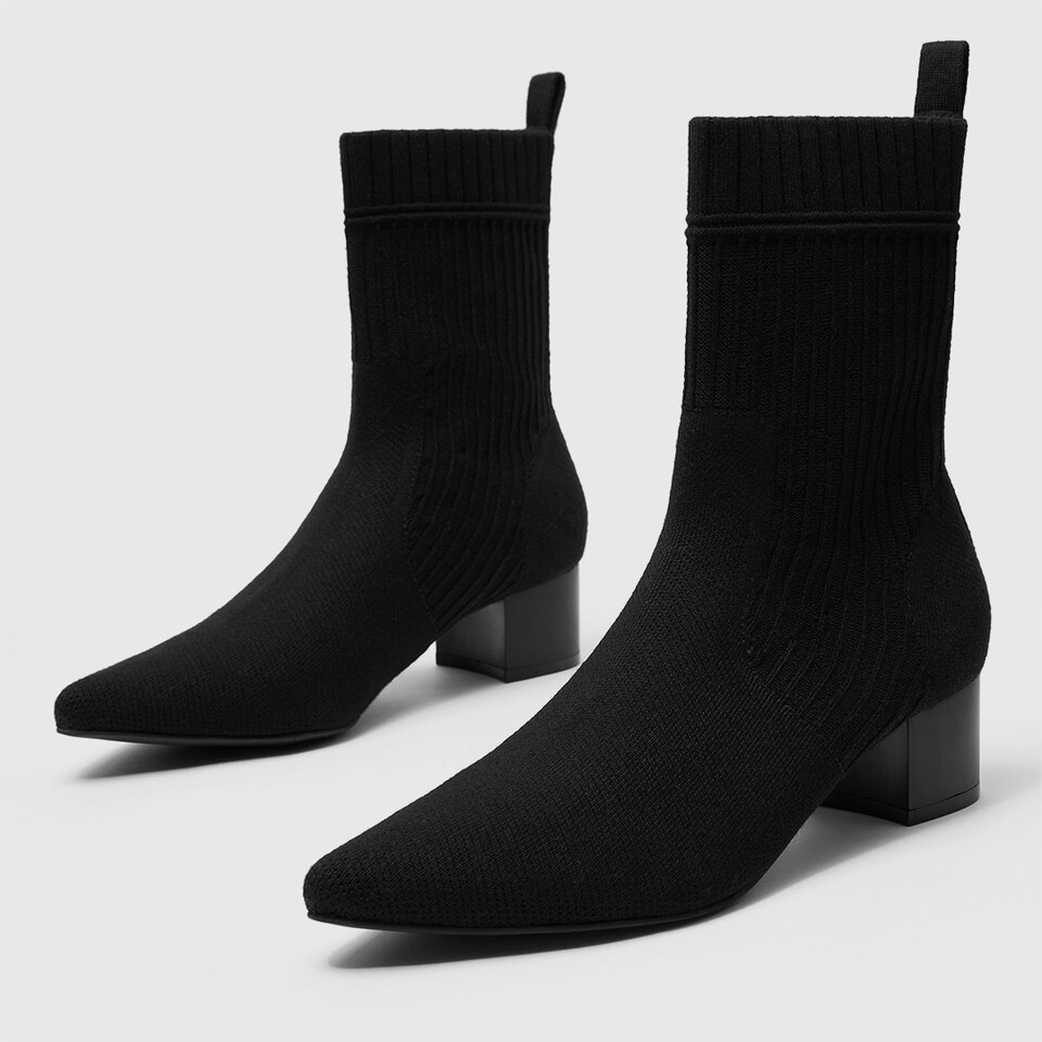 Yedda Pointy Block Heel Wool Boots in Striped Black | Women's Sustainable and Stylish Shoes | VIVAIA