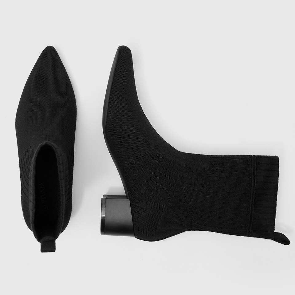 Yedda Pointy Block Heel Wool Boots in Striped Black | Women's Sustainable and Stylish Shoes | VIVAIA