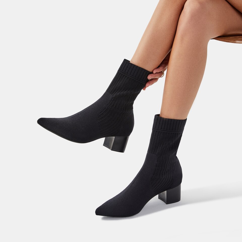 Yedda Pointy Block Heel Wool Boots in Striped Black | Women's Sustainable and Stylish Shoes | VIVAIA
