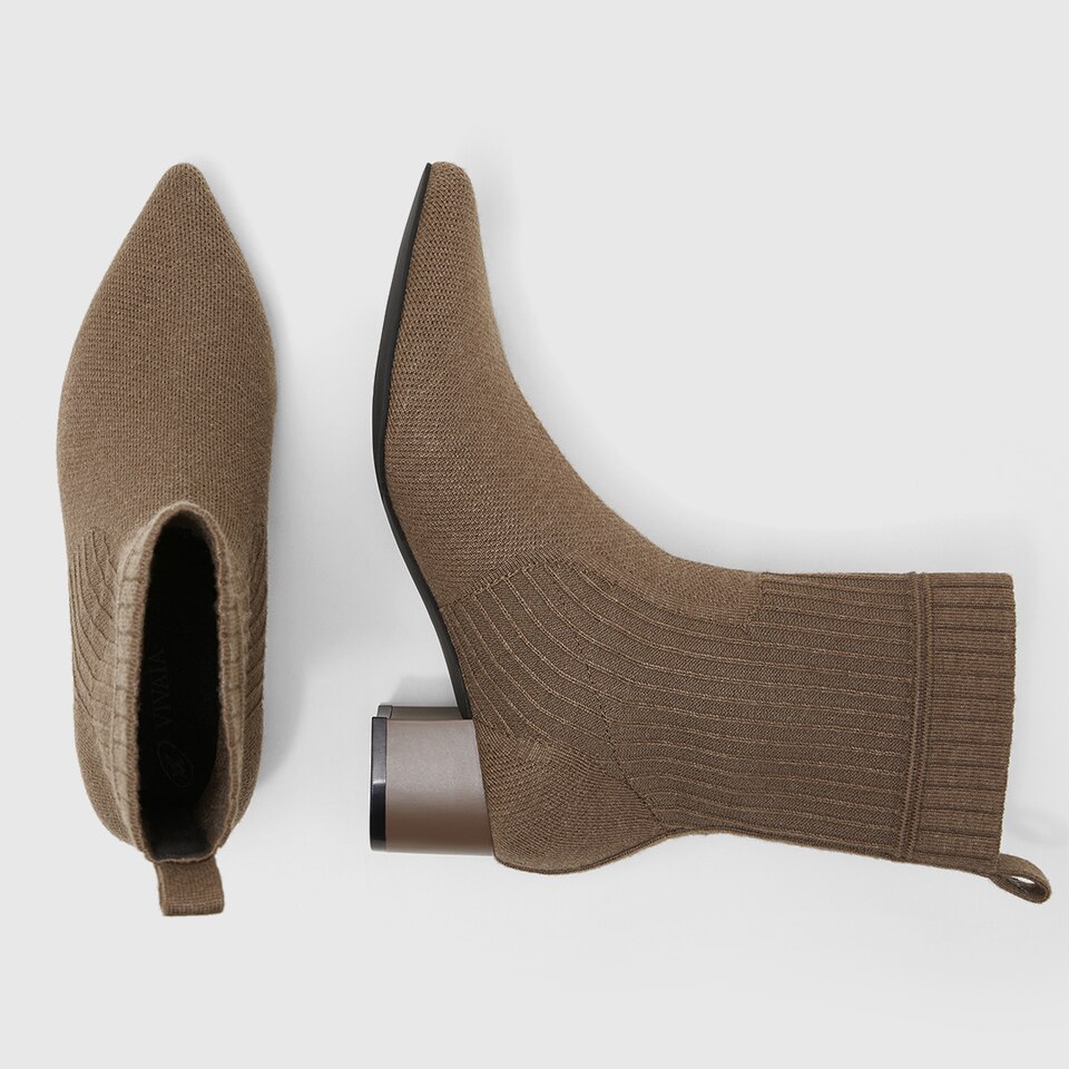 Yedda Pointy Block Heel Wool Boots in Tan Russet | Women's Sustainable and Stylish Shoes | VIVAIA