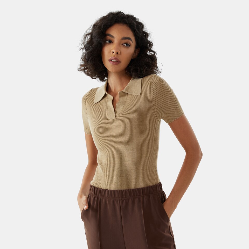 Gemini Merino Wool Shirt in Khaki Brown | Women's Organic, Sustainable and Stylish Knitwears | Clothing | VIVAIA