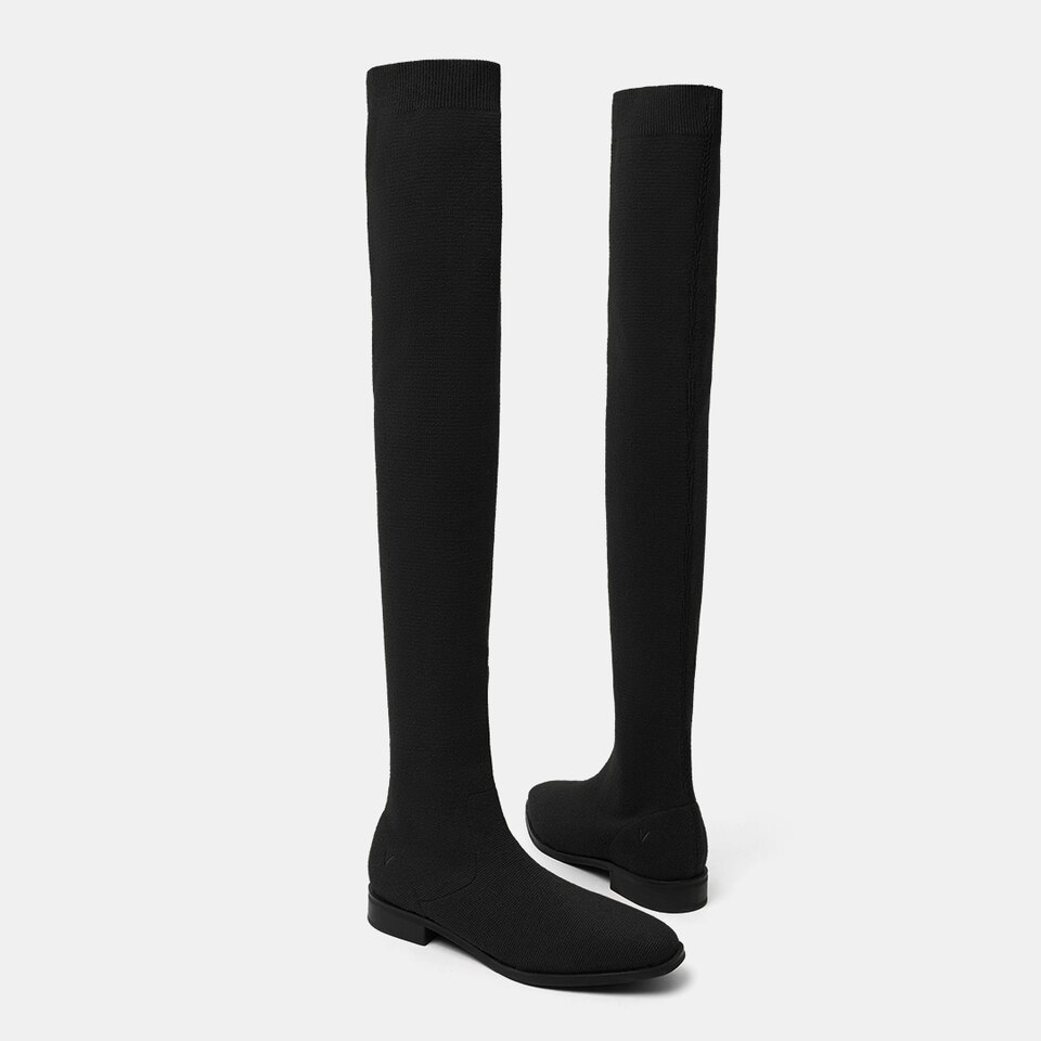 Happer Square-toe Wool Over-knee Boots in Solid Black | Women's Sustainable and Stylish Shoes | VIVAIA