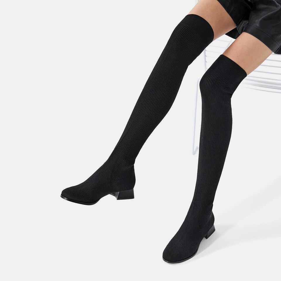 Madeline Round-toe Wool Over-knee Boots in Solid Black | Women's Sustainable and Stylish Shoes | VIVAIA