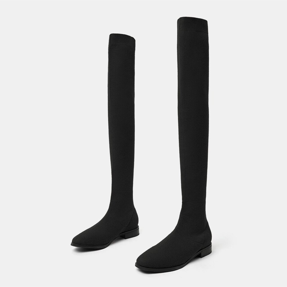 Happer Square-toe Wool Over-knee Boots in Solid Black | Women's Sustainable and Stylish Shoes | VIVAIA