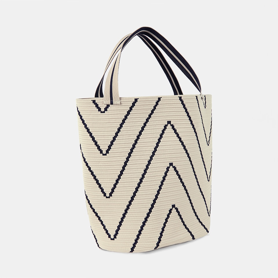 Colette Bucket Tote Bag in Ivory Chervon | Women's Sustainable, Washable and Stylish Knitbags | VIVAIA