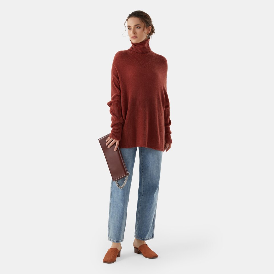 Jimena Cashmere Turtle Neck Sweater in Brick Red | Women's 100% Organic Comfy Knitwears | VIVAIA