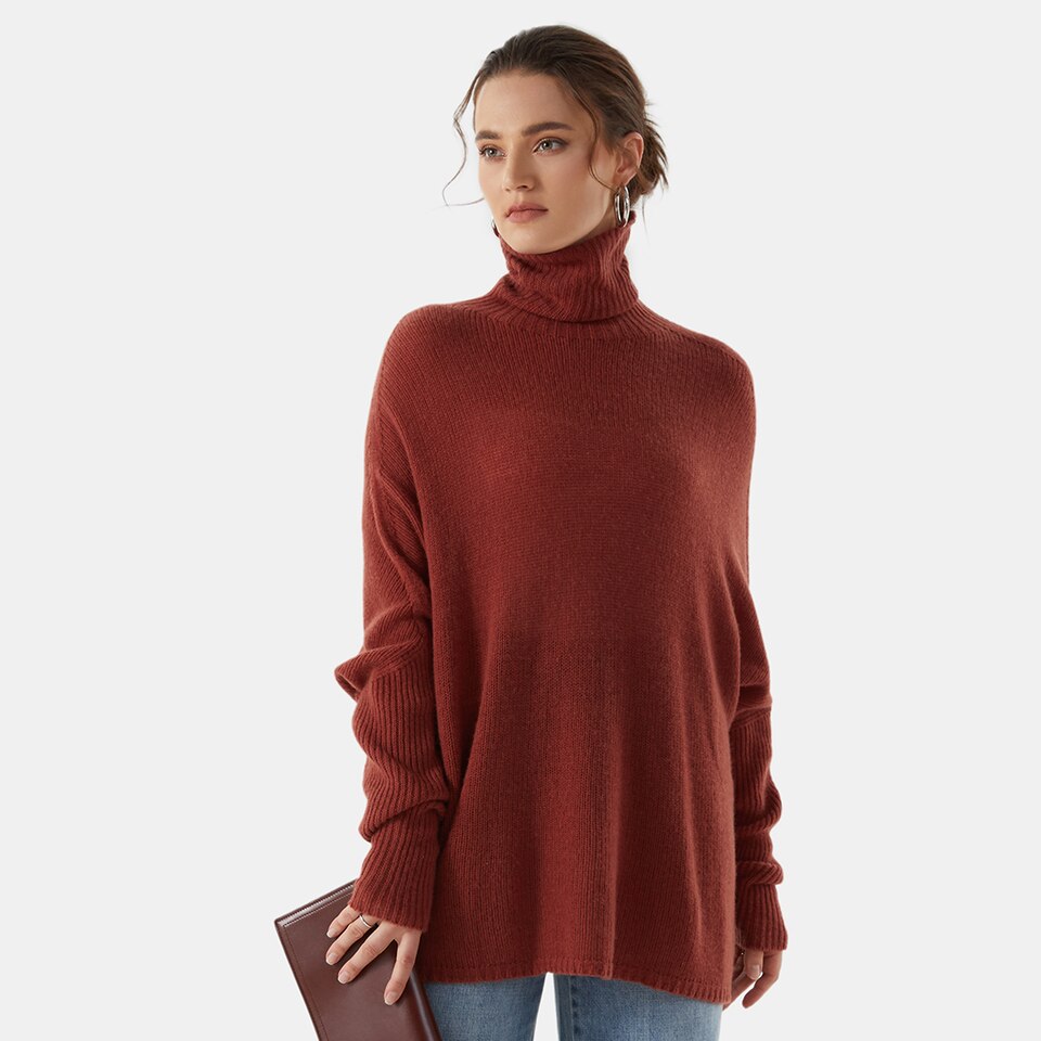 Jimena Cashmere Turtle Neck Sweater in Brick Red | Women's 100% Organic Comfy Knitwears | VIVAIA