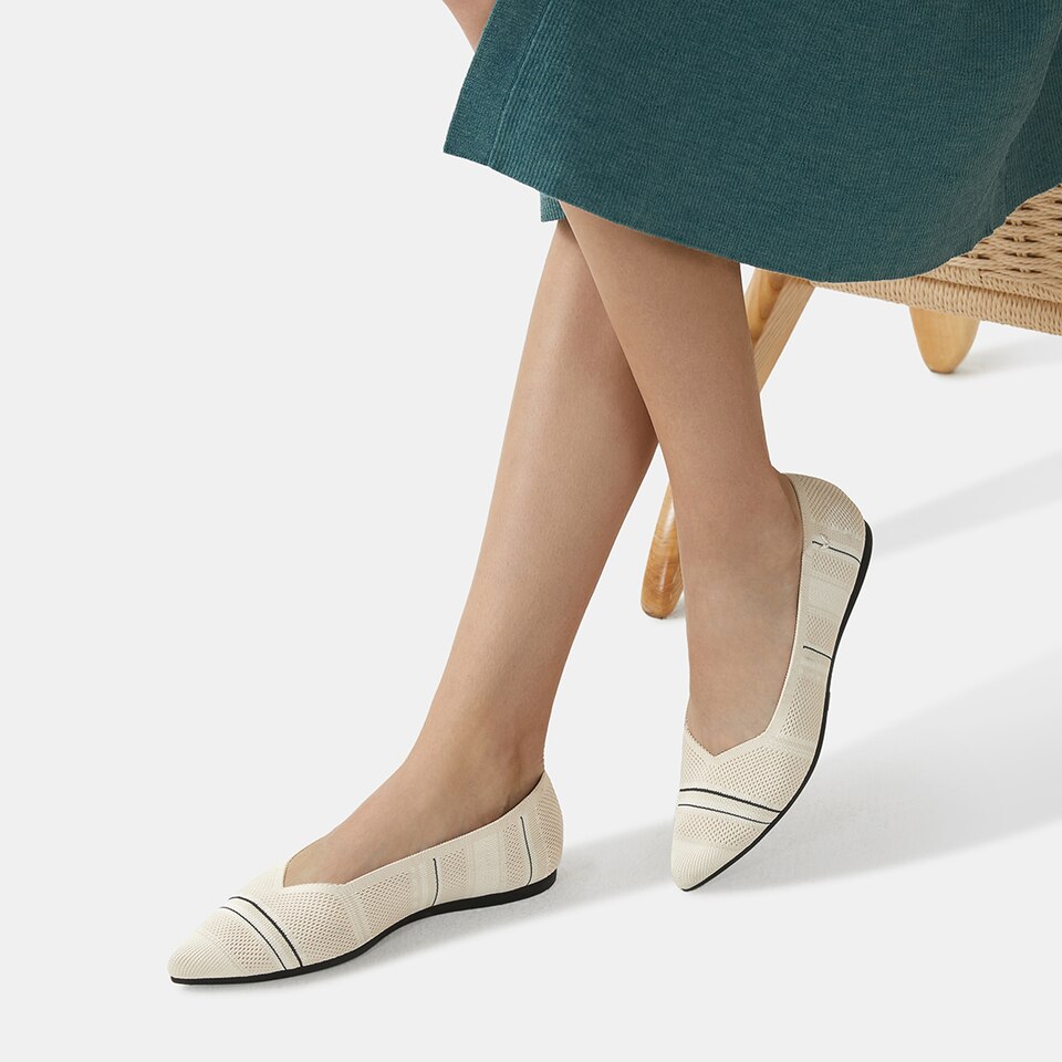 Avis Pointed-toe Flats in Striped Cream | Women's Sustainable, Washable and Stylish Shoes | VIVAIA